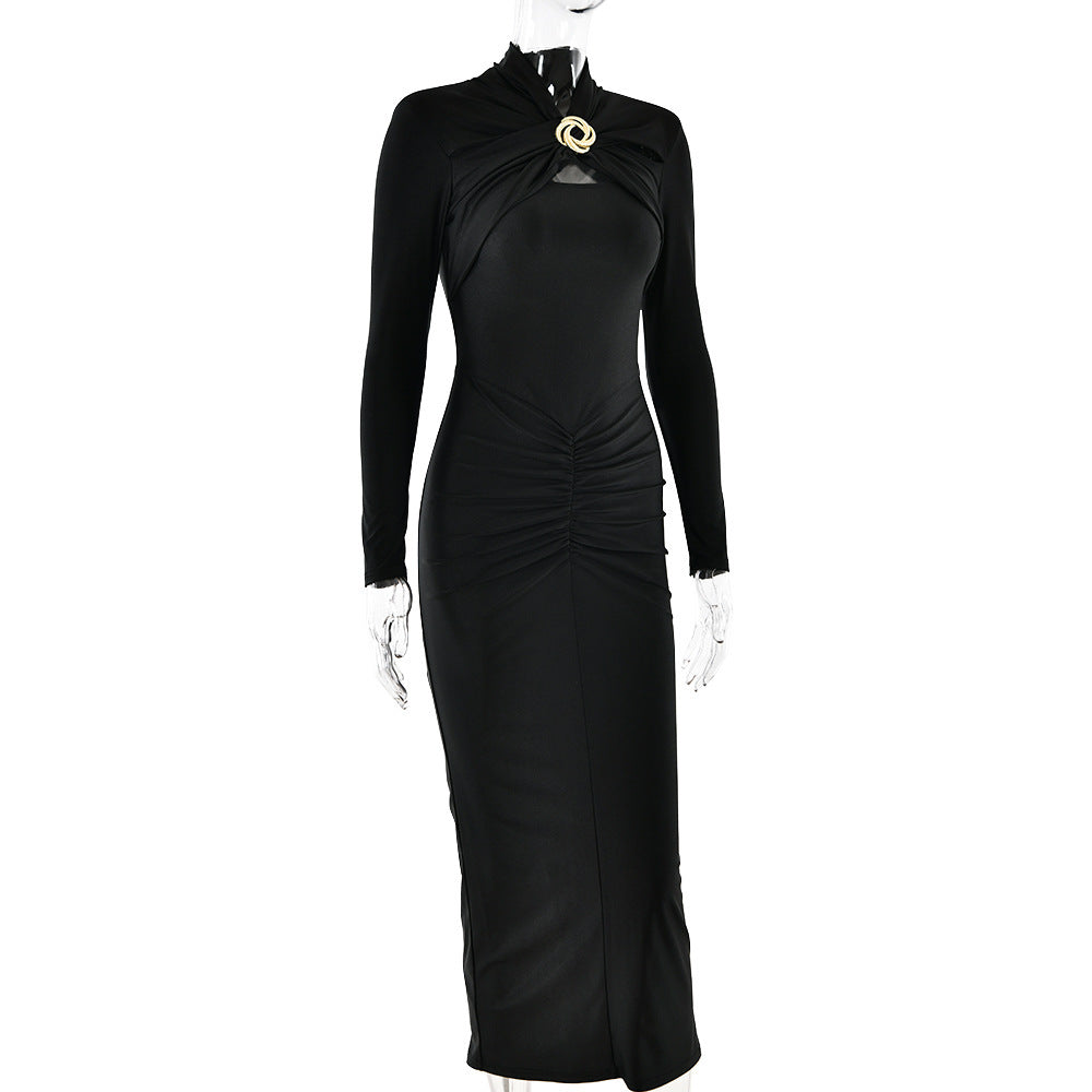 Slim-fit Pleated Hollow-out Long Sleeve Dress