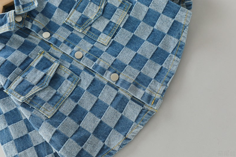 Combinaison à carreaux avec double poche et revers, pantalon à manches longues et salopette pour enfant