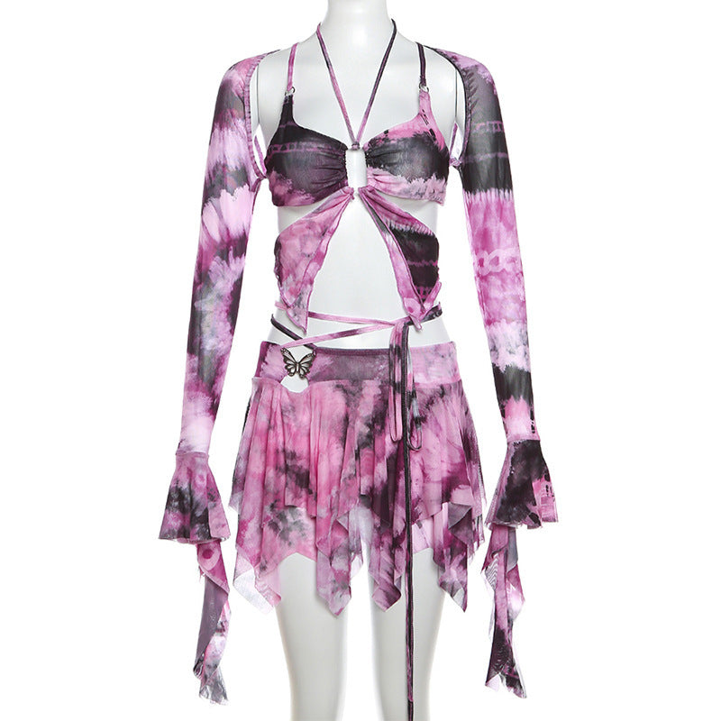 Vêtements pour femmes, manches évasées, imprimé papillon, jupe à lacets et découpes