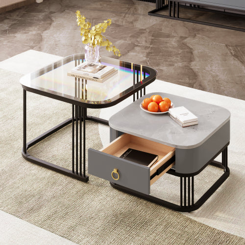 Nestable Coffee Table High Gloss Marble Exterior, Gold Accents, Side Table With Drawer. Set Of Two
