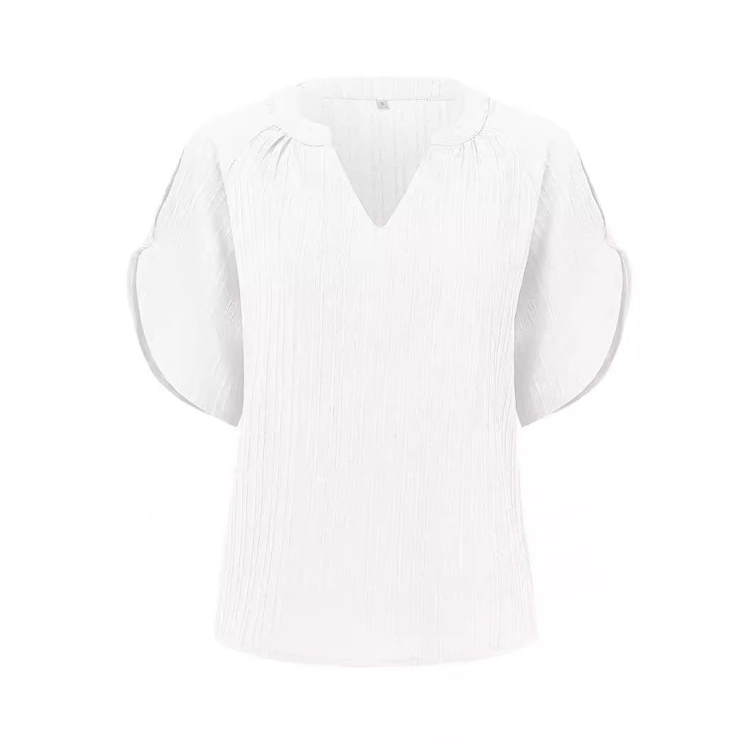 Leisure Solid Color And V-neck Slim-fitting Blouse