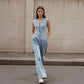 V-neck Double-breasted Sleeveless Wide Leg Overall Jeans