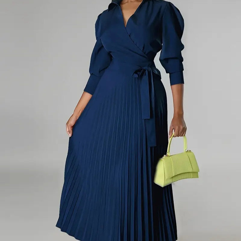 V-neck Long-sleeve Coat-pressed Dress With A Cinched Waist For Women
