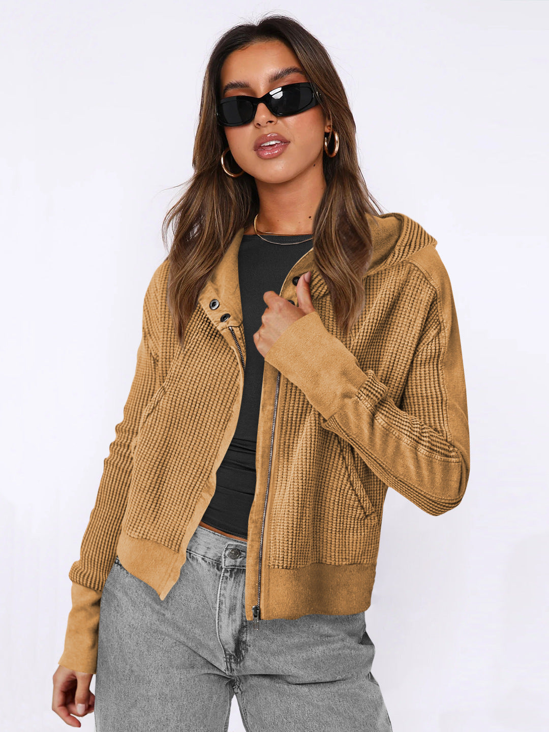 Sweat-shirt à capuche tendance pour femme, veste courte à fermeture éclair