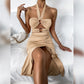 Drawstring halter halter pleated dress