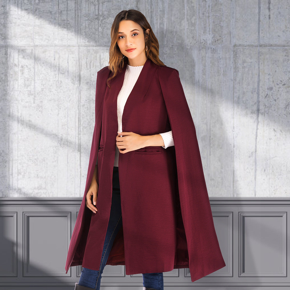 Manteau coupe-vent long pour femme avec châle