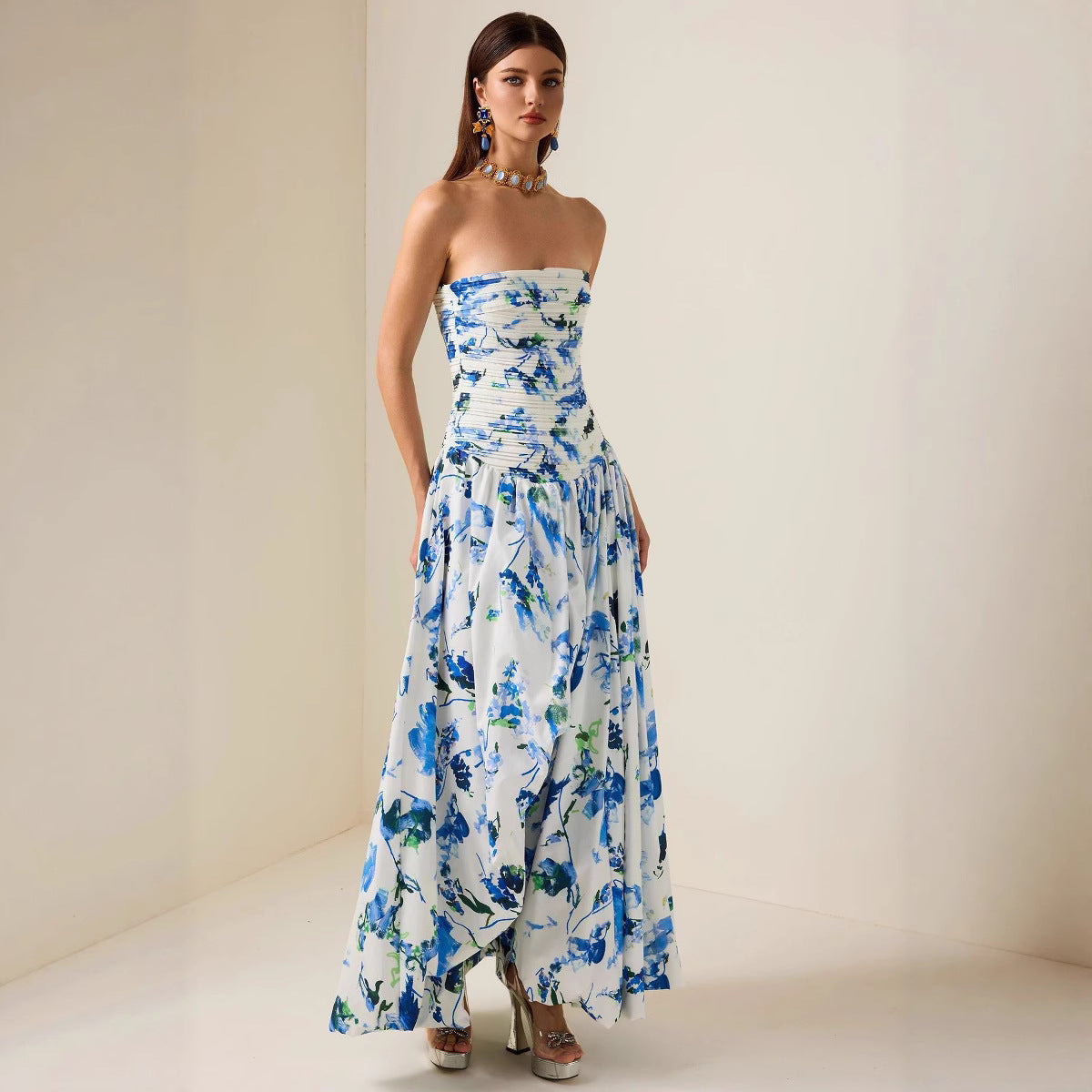 Ruched Waistline Tube Dress With A Floral Print Maxi Skirt