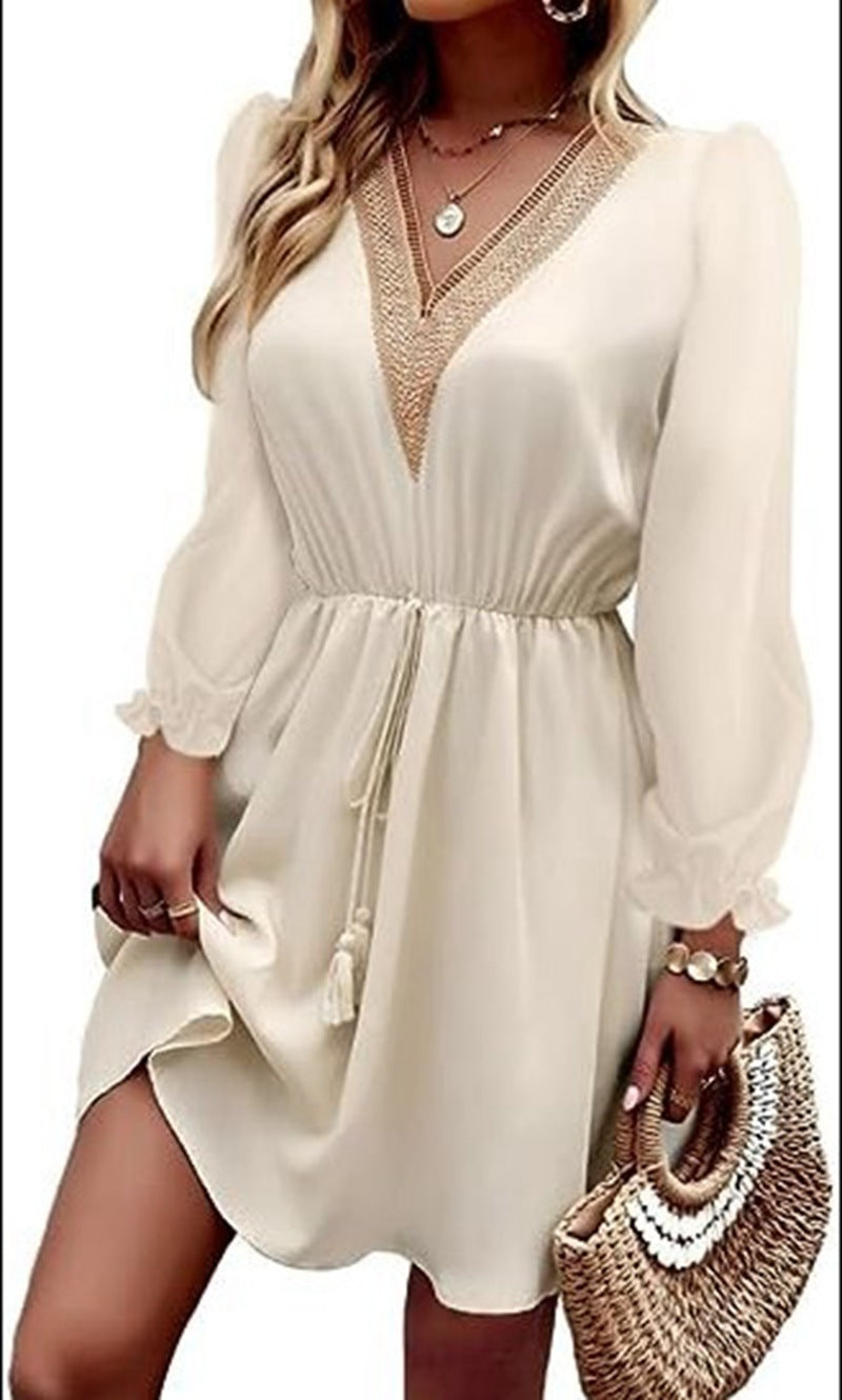 Solid Color Long Sleeve Lace V-neck Tight Waist Dress