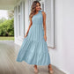 New Women's Solid Color Long Dress Knot One Shoulder Sleeveless Pleated