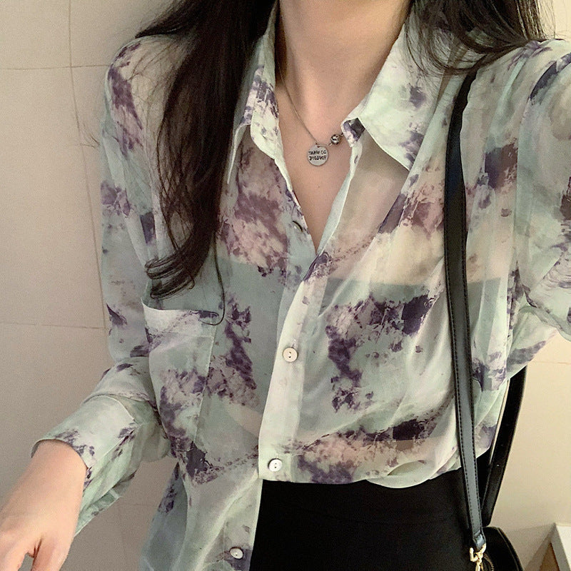 Ink Smudge Design Print Shirt Loose And Thin See-through Long-sleeved Sun Protection Jacket
