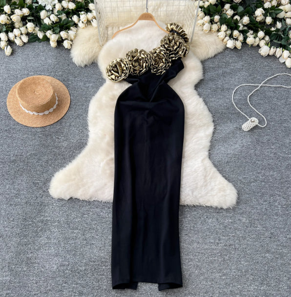 Women's Three-dimensional Flower Off-shoulder Slim Dress