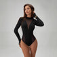 Womens Solid-Color Stand-Up Collar Mesh Sheer Long-Sleeve Jumpsuit