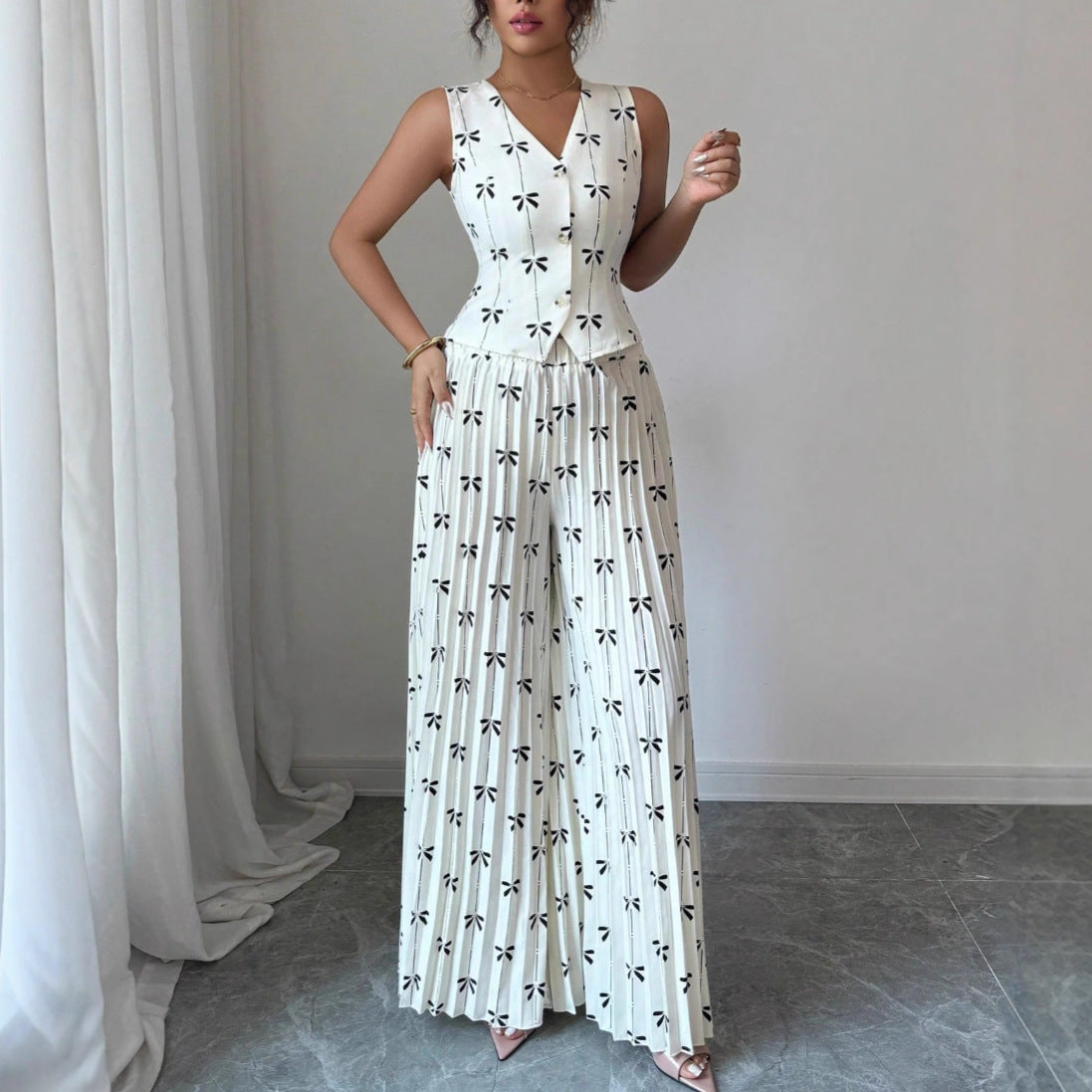 Sleeveless Fitted Vest Top And High-waisted Wide-leg Pants Two-piece Set