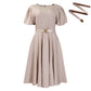 Elegant High-waisted Solid-color Round-neck Dress With Fashionable Balloon Sleeves