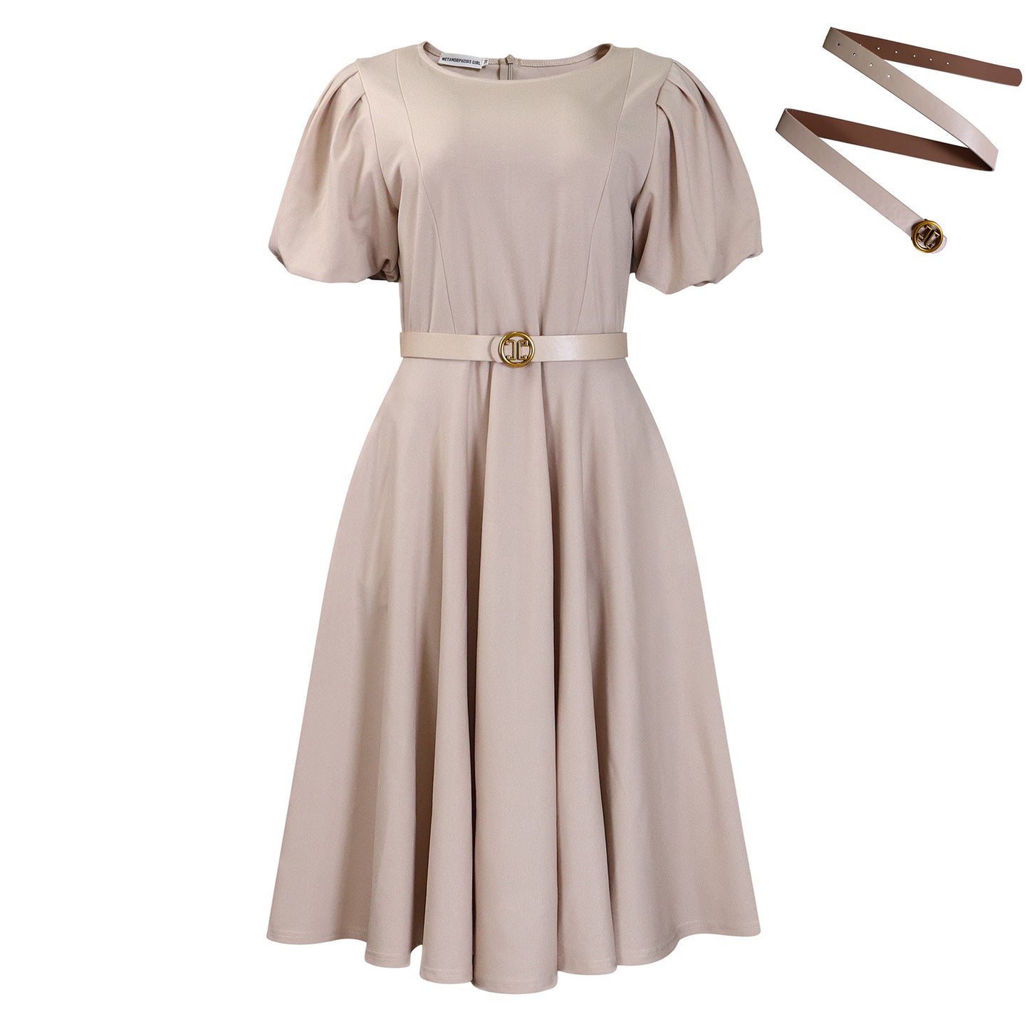 Elegant High-waisted Solid-color Round-neck Dress With Fashionable Balloon Sleeves