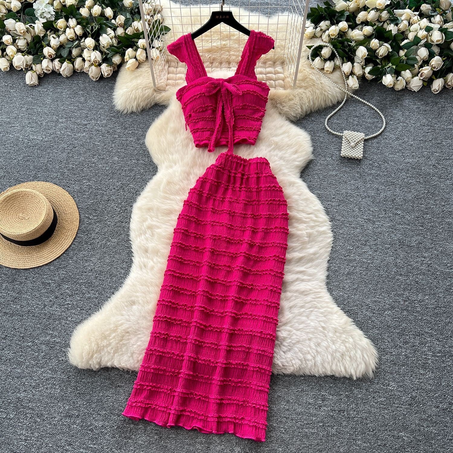 Bow-tie Square-neck Camisole With Cap Sleeves High-waisted Sheath Skirt