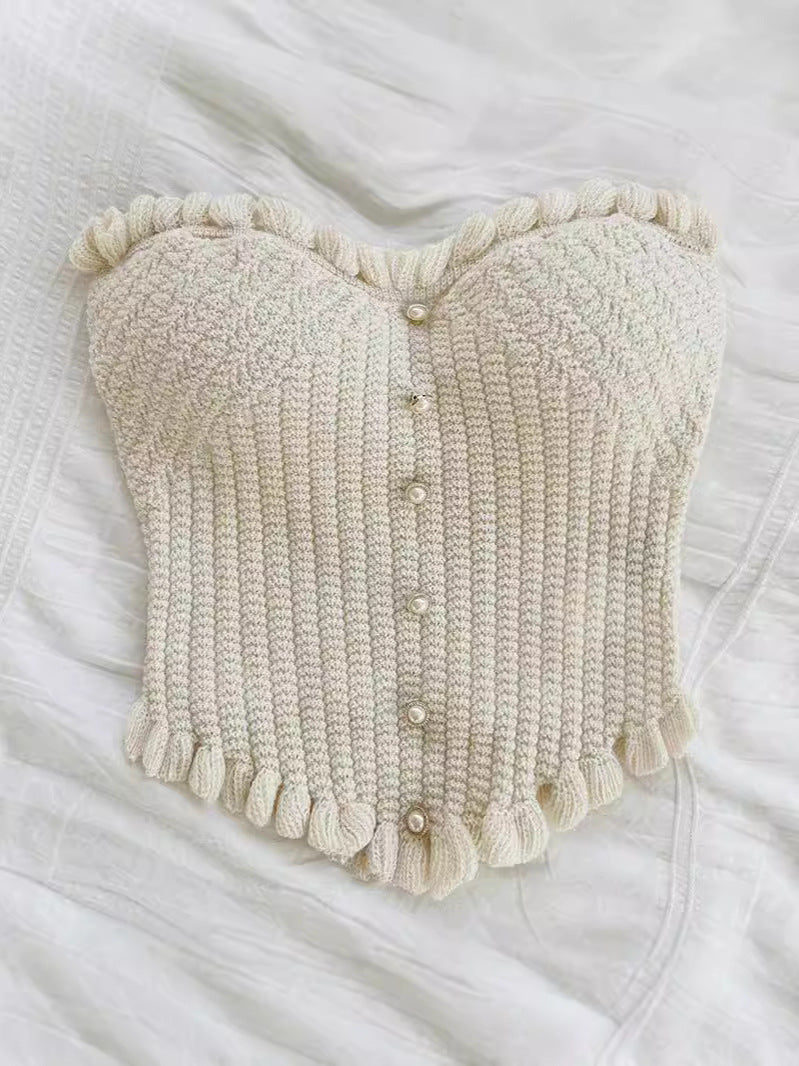 White Knitted Fabric Tube Top New Knitted Slim Fit Single Row Multi-buckle