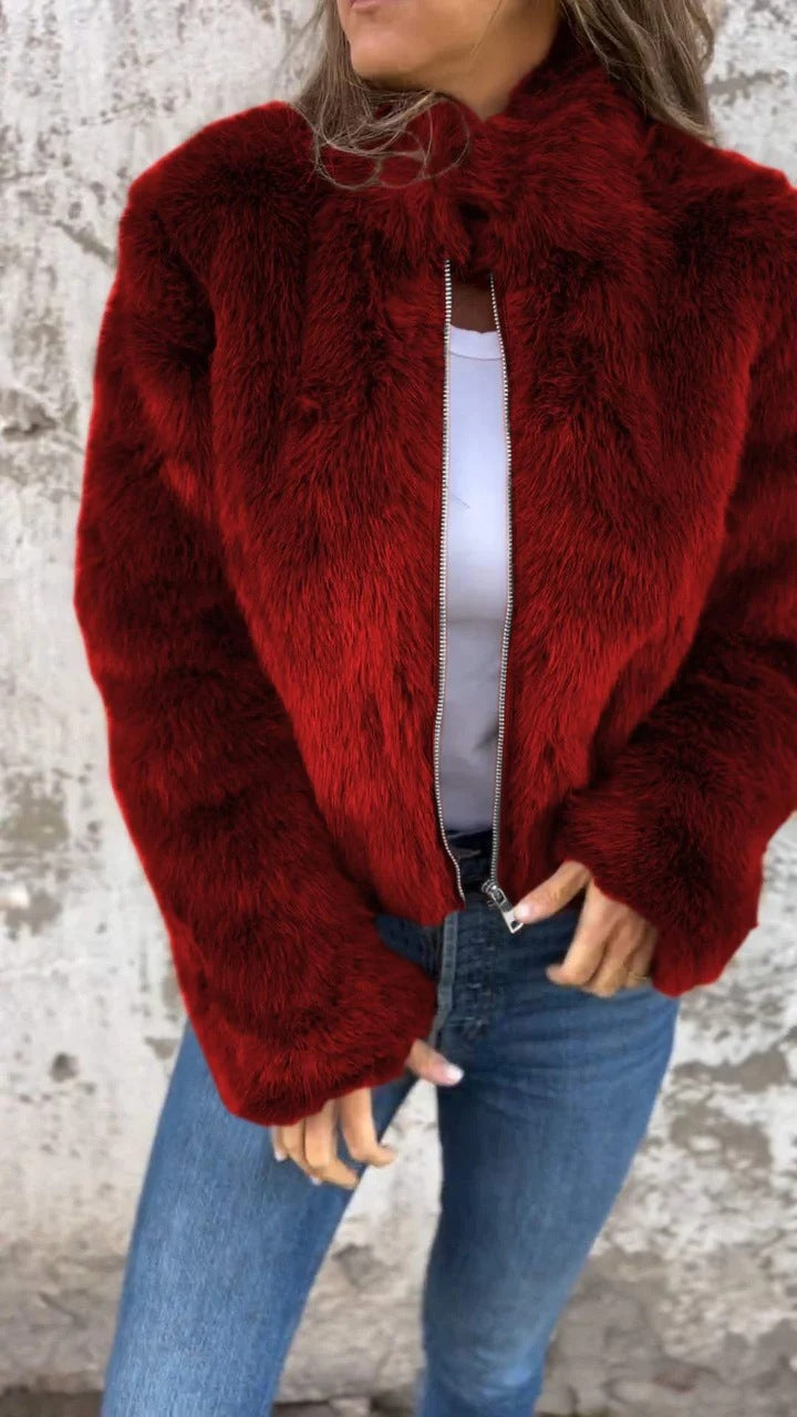 Veste en peluche à col montant tendance pour femme, manteau d'hiver décontracté à col roulé et fermeture éclair, polaire