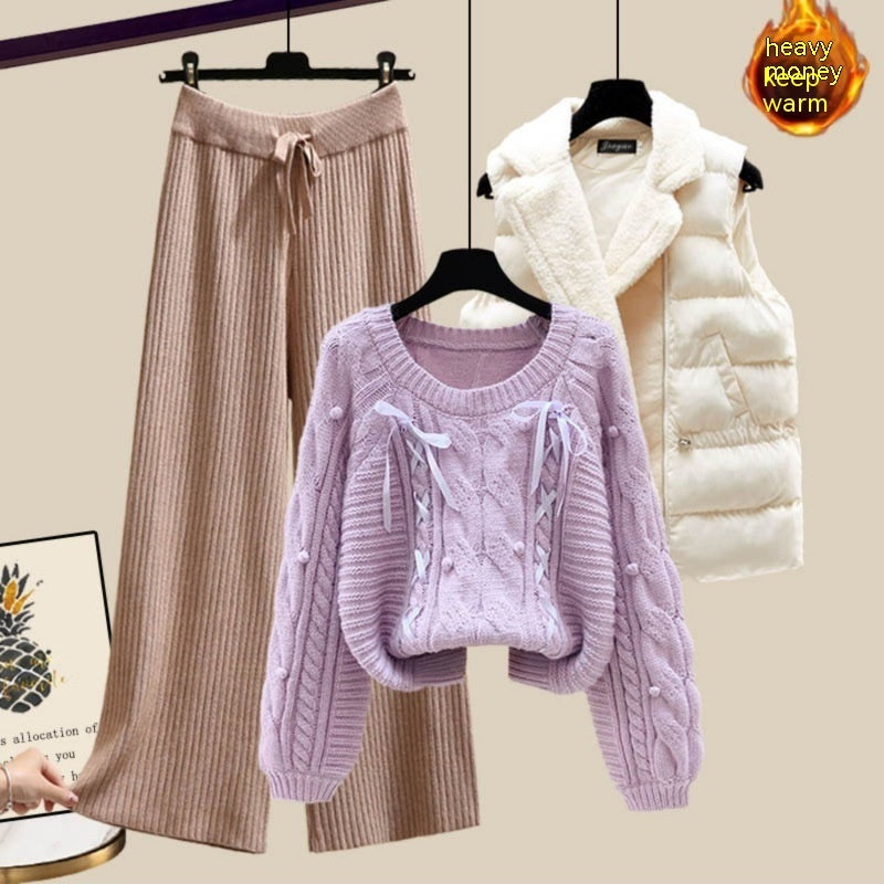 Ensemble trois pièces pour femme, gilet, pull épais, pantalon large