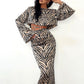 Zebra Striped Long Sleeves Cropped Top Suit Skirt Two-piece Set