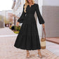 V-neck, Waist-cinched, Layered Puffed-sleeve Dress Fashionable Ruffled Maxi Skirt