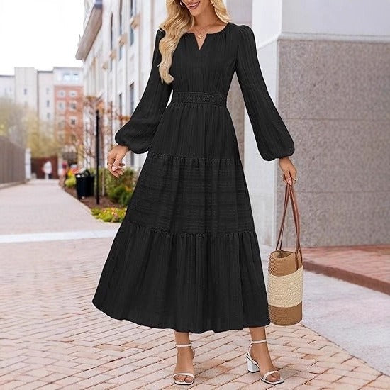 V-neck, Waist-cinched, Layered Puffed-sleeve Dress Fashionable Ruffled Maxi Skirt