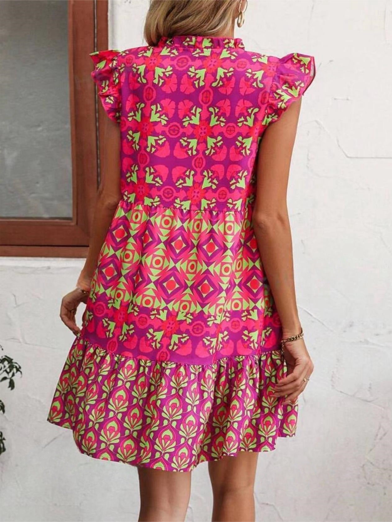 Robe imprimée sans manches, mode estivale, col en V, lacets, droite, vêtements pour femmes