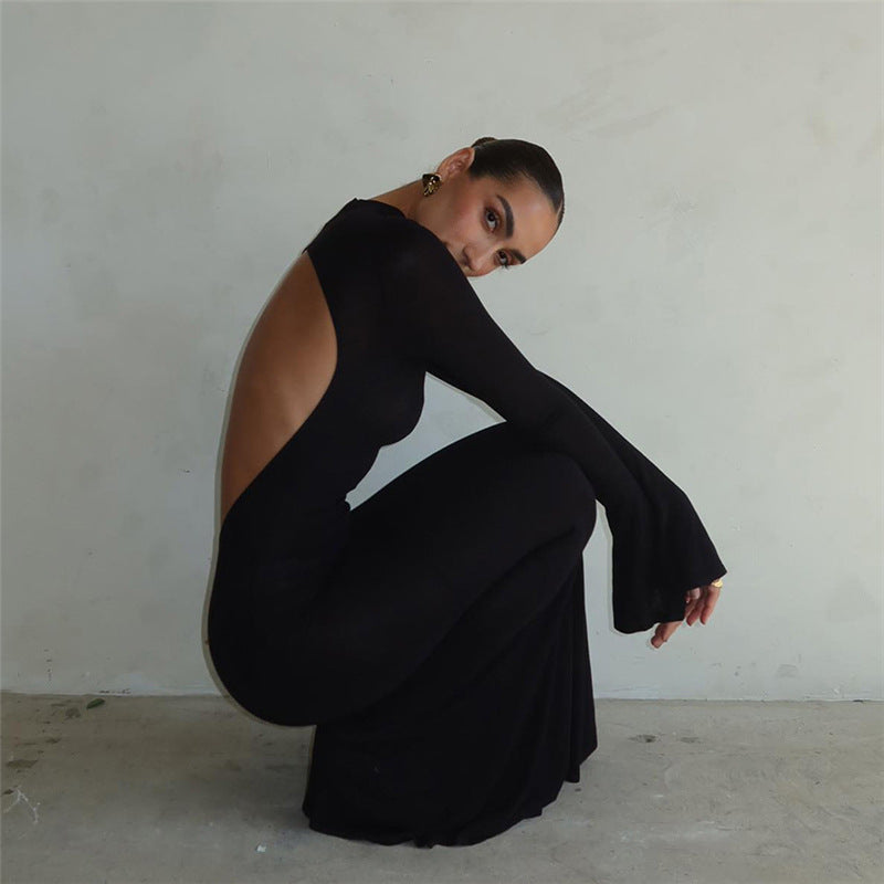 Women's Fashion Round Neck Long Sleeve Backless Slim Fit Dress