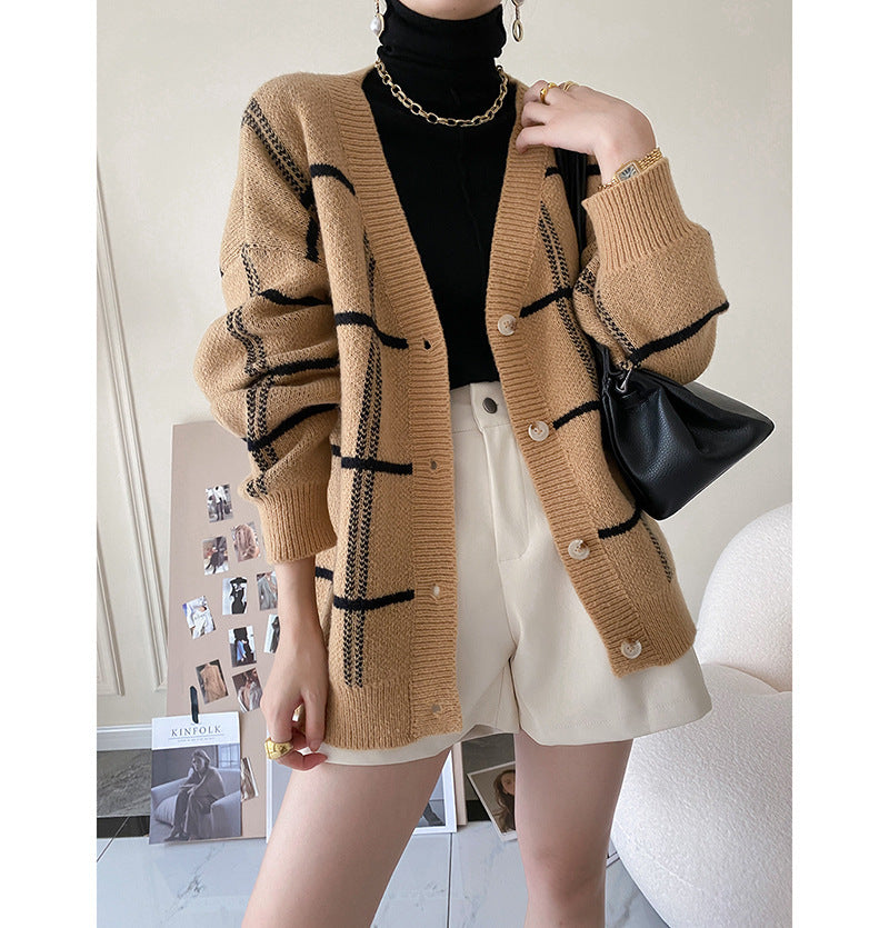 Large Check Loose Long Sleeve Sweater Jacket
