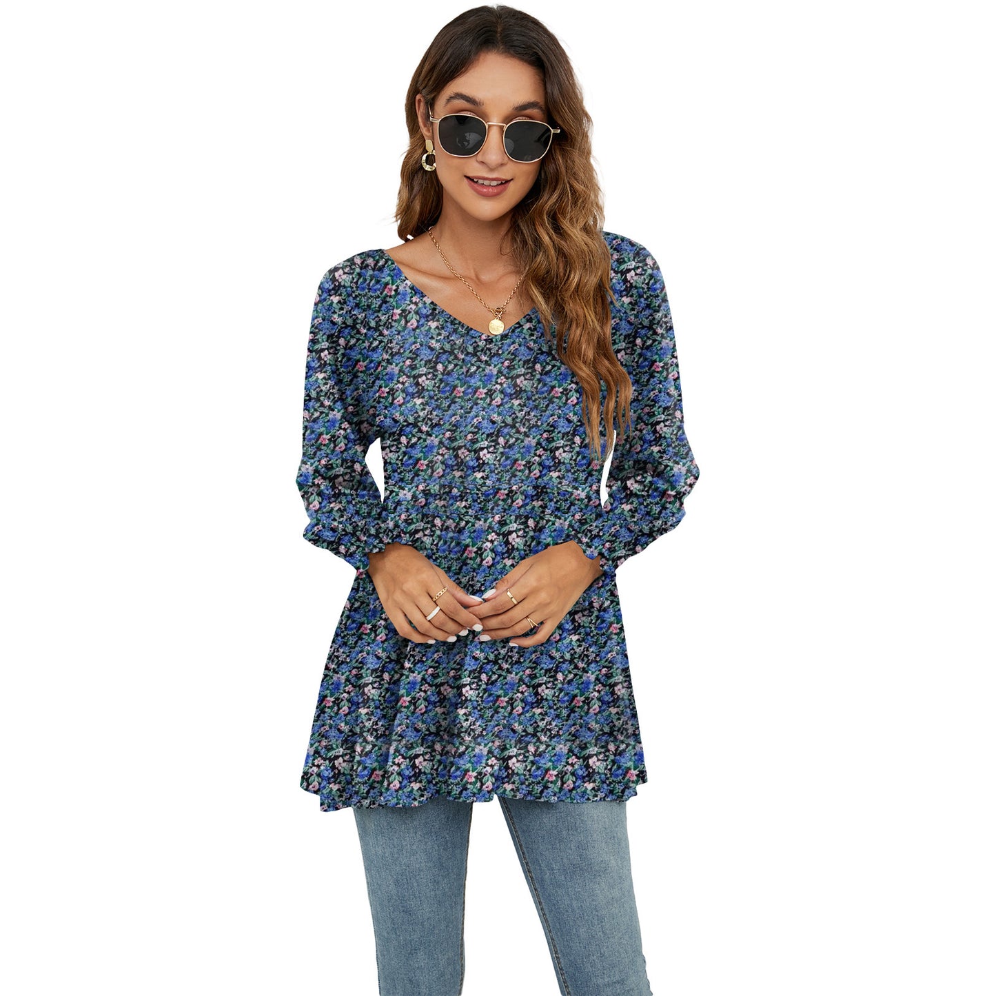 Hauts à manches longues bouffantes pour femmes, imprimés floraux, chemisiers décontractés à col en V, t-shirts, hauts babydoll