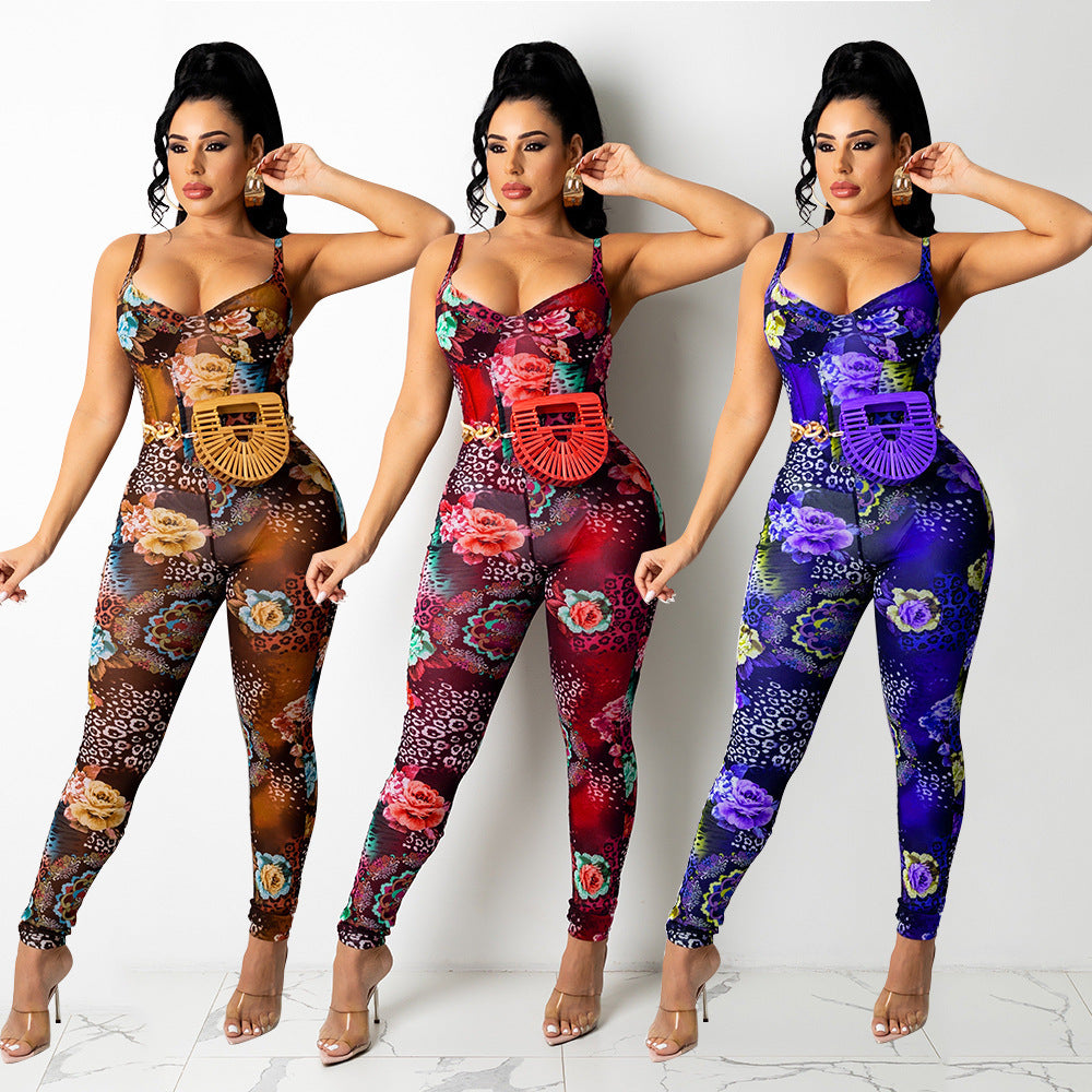 Suspender Mesh Printed Jumpsuit