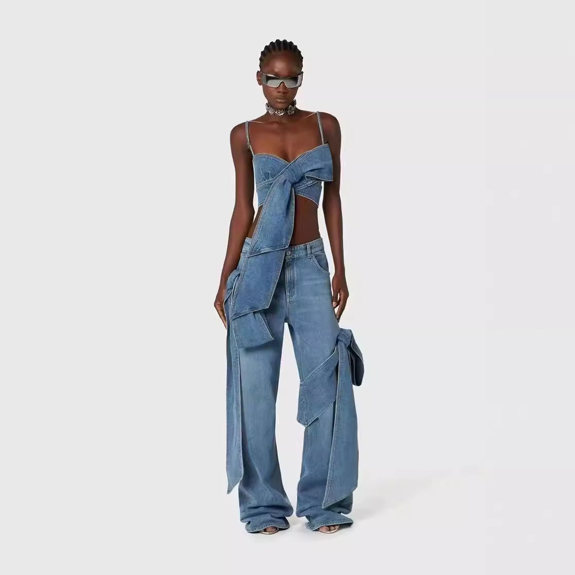 Camisole Tube Top Denim Trousers Suit