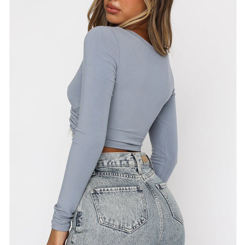 Women's Clothing Cross V-neck Stitching Slim-fit Long-sleeved Bottoming Shirt