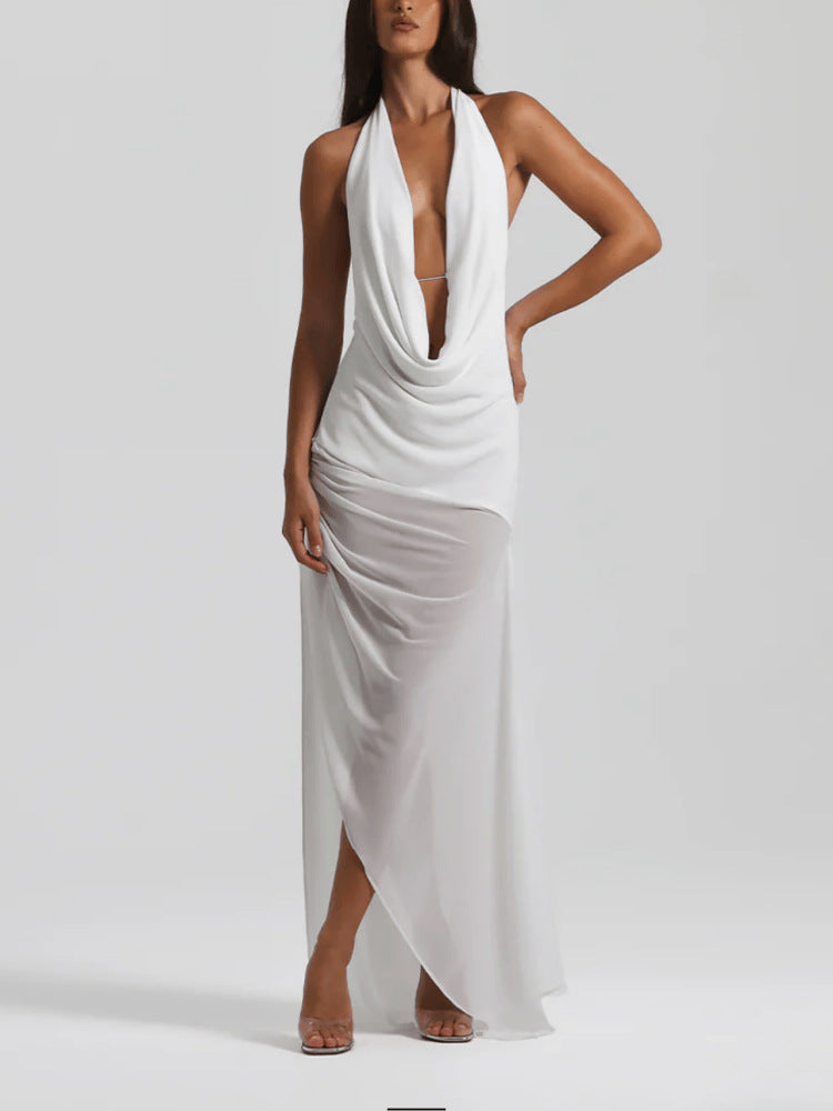 Deep V-neck Backless Sexy Asymmetrical Ruffled Dress