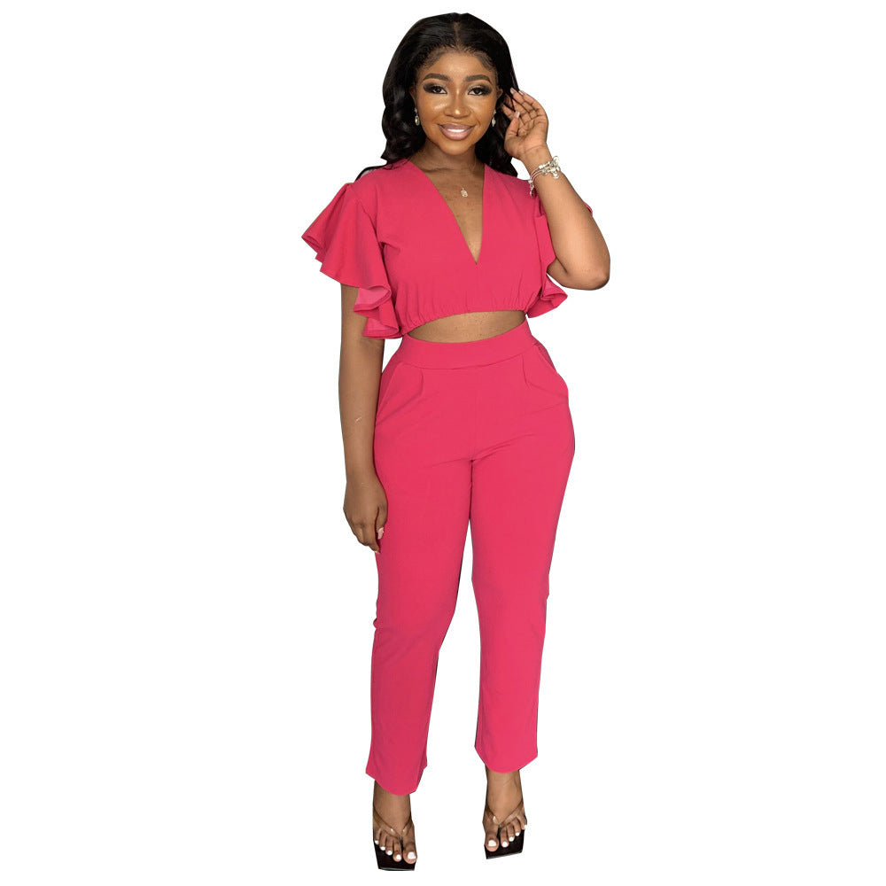 Women's Fashion Deep V Midriff-baring Top Straight-leg Trousers Casual Two-piece Suit
