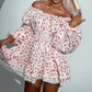 Off-neck Puff Sleeve Pleated Tube Top Printed Waist-controlled Dress