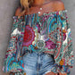 Women's Printed Off-neck Flare Sleeve Tie-neck Shirt