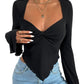 V-neck Flared Sleeves Waist Trimming Knitted Long Sleeve T-shirt