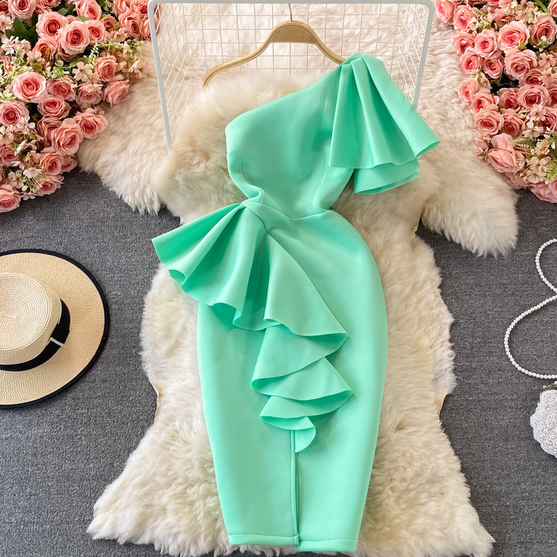 Women's Waist Three-dimensional Ruffled Slanted Shoulder Dress