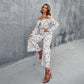 Hong Kong Style Retro Wide Leg Pants Fashion Print White Word Neck