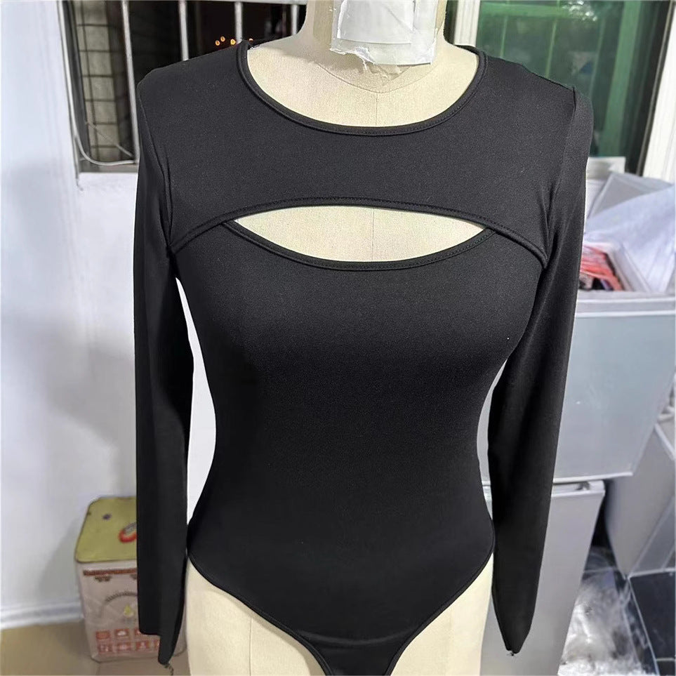 Womens Hollow-out Long-sleeve Top With A Chest-enhancing Design And Matching Jumpsuit