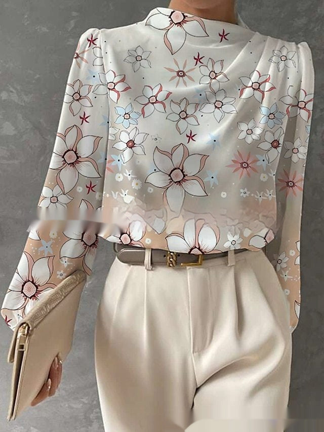 Half Turtleneck Lantern Sleeve Printed Top