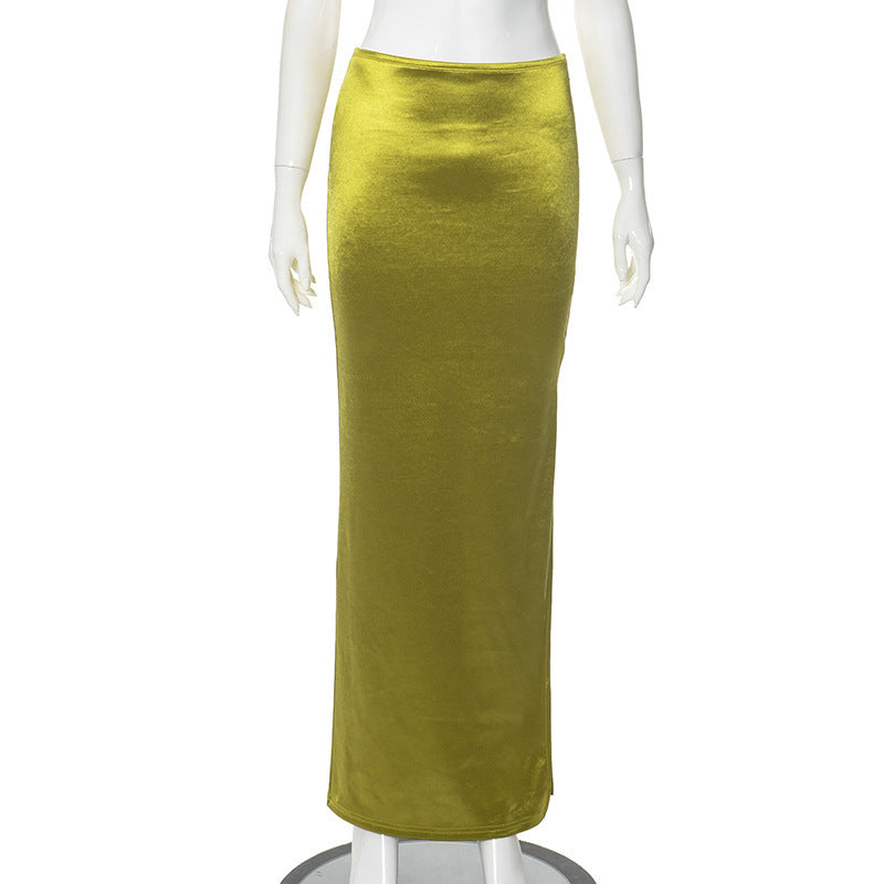 Jupe fourreau mi-longue taille haute en satin multicolore drapé européen et américain d'été