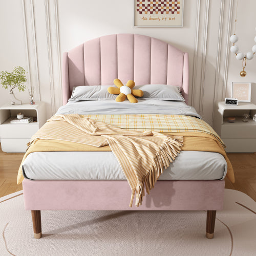 Upholstered Bed,Single Bed-3ft 90x190cm ,with Slatted Frame And Headboard, Youth Bed, Wooden Slatted Support, Easy Assembly, Velvet, Pink