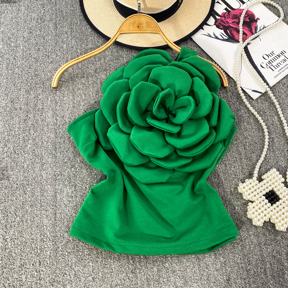 Pure Desire Three-dimensional Large Flower Diagonal Collar One-shoulder Top