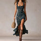 Retro Ruffle-Trimmed Sleeveless Slip Dress With High Side Slit