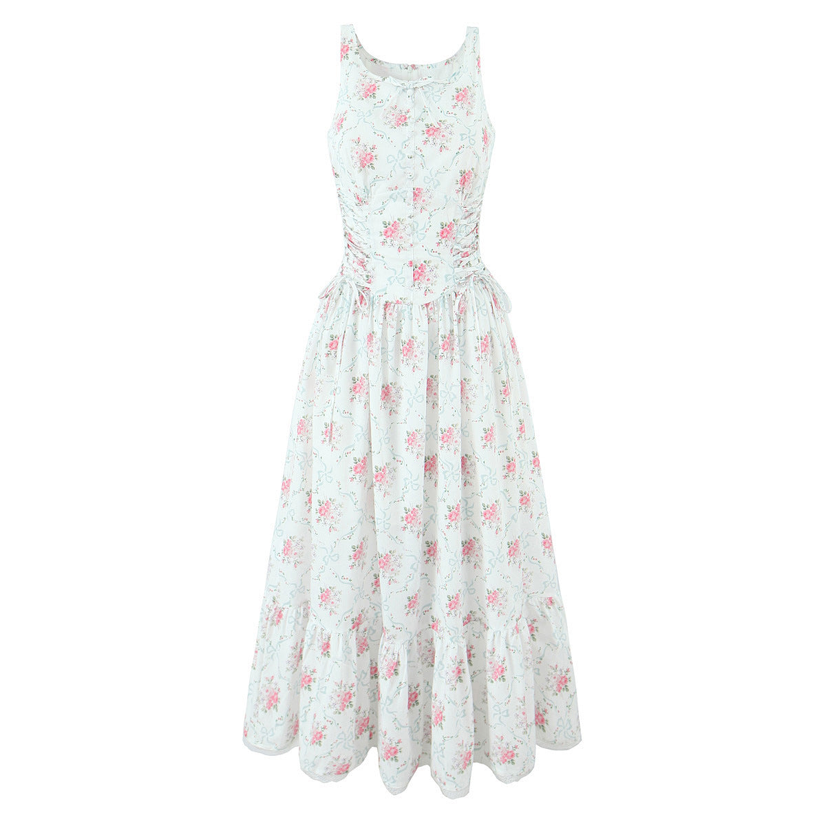New Summer Cream Rose Printed Lace Up Mid-length Sling Dress