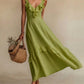 Elegant And Chic Cotton-Linen Dress With Ruffled Flutter Sleeves And A Flowing Hem