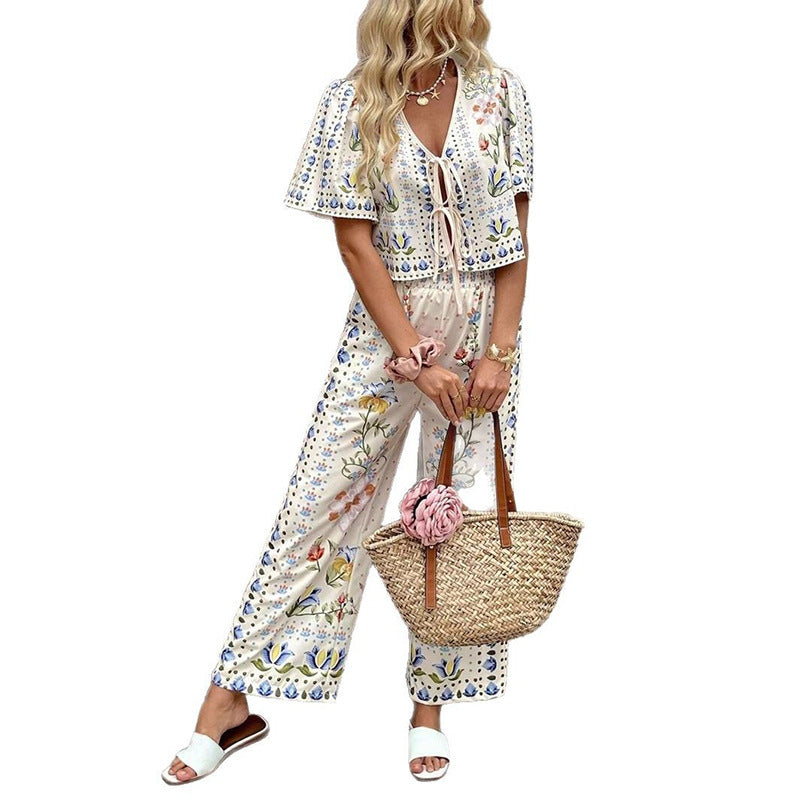 Women's High-waist Printed Top And Pants Set