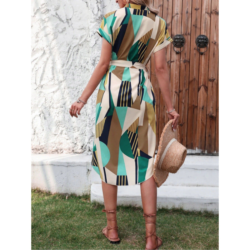 European And American Printed Lace-up Dress